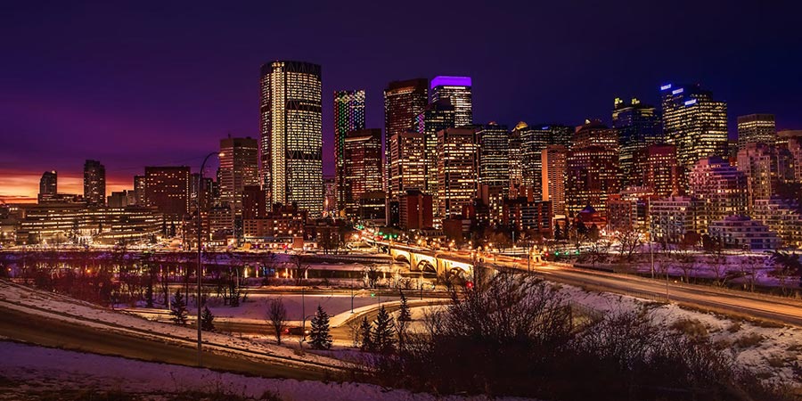 city skyline at night in Calgary Canada