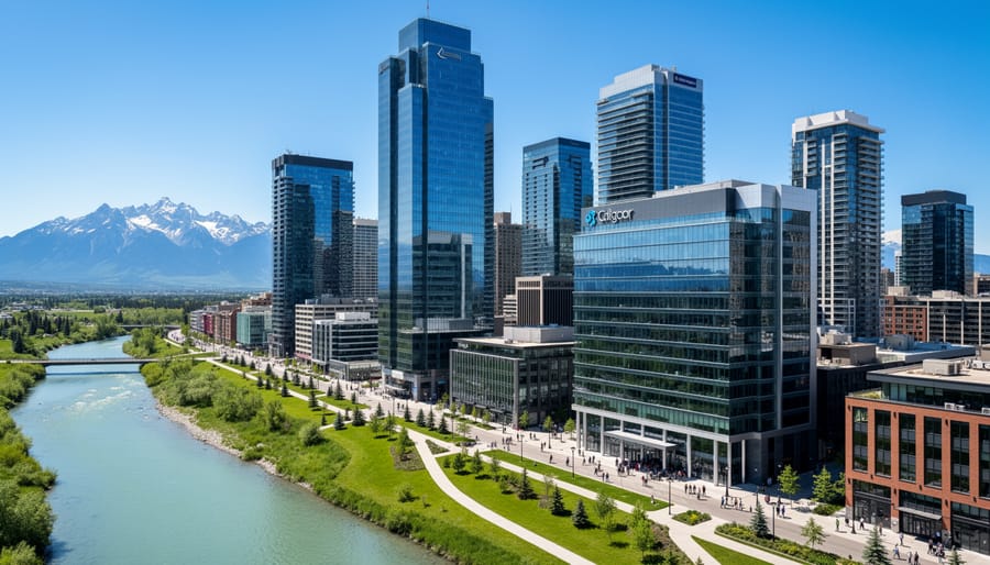 Aerial view of Calgary downtown skyline with Rocky Mountains in background