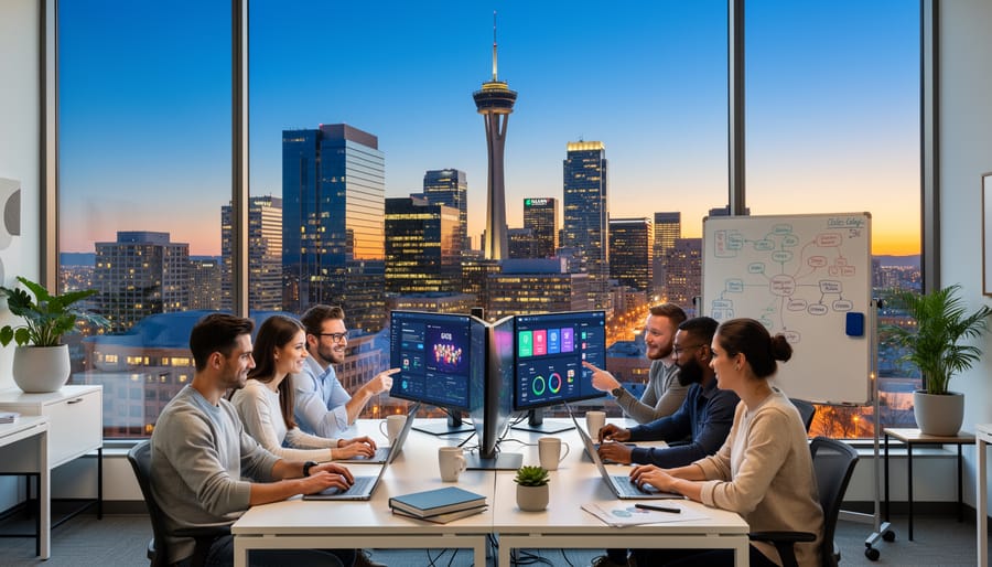 Diverse team of tech professionals collaborating in modern Calgary office space