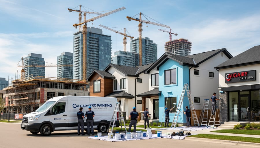 Calgary skyline showing multiple construction cranes and new building developments