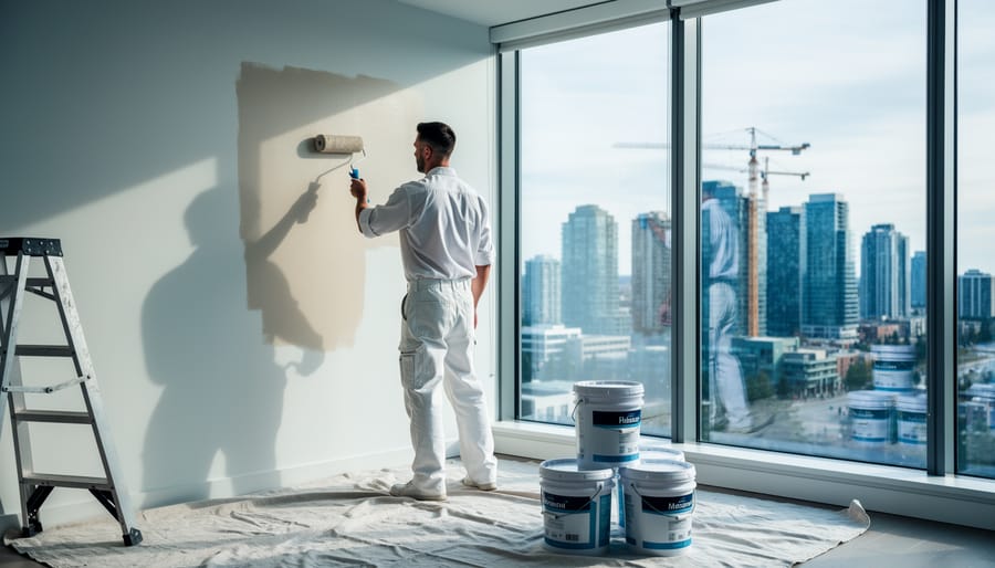 Professional painter in white workwear rolling paint on an interior wall of a modern Calgary condo, with construction cranes and the city skyline visible through the window; ladder, drop cloths, and paint buckets nearby in soft natural daylight.