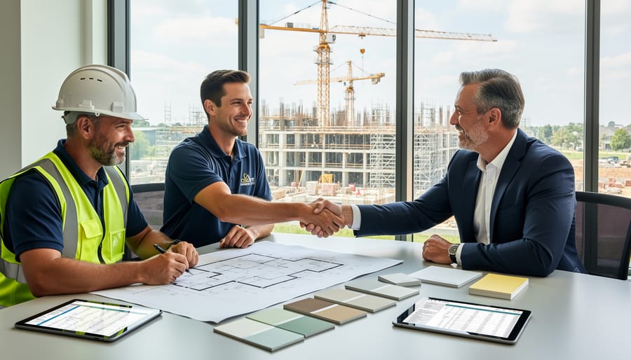 Business professionals shaking hands at construction site symbolizing partnership opportunities
