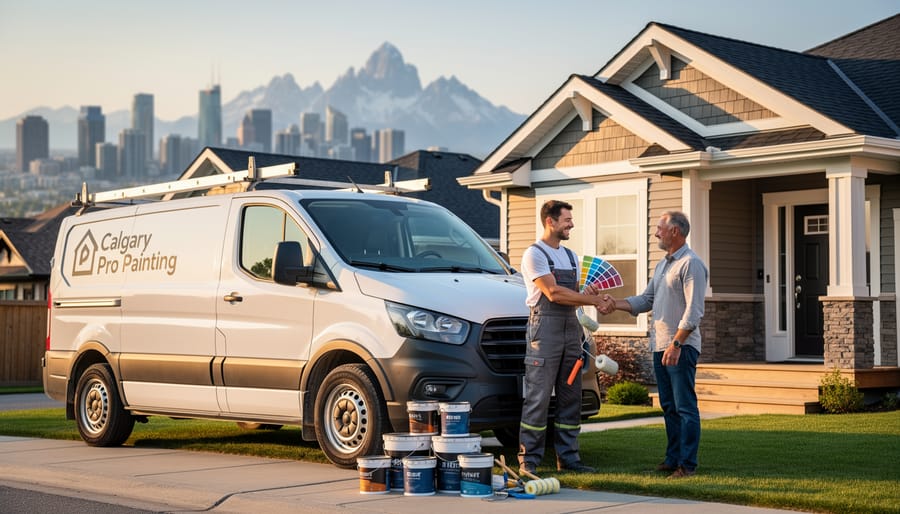 Professional painting contractor discussing project details in modern residential interior