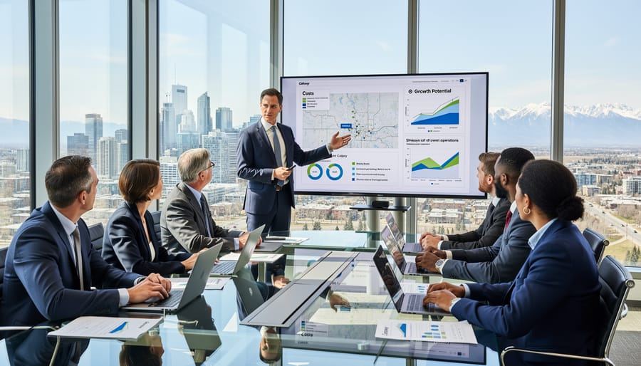 Business professional reviewing Calgary cityscape from modern office window