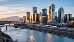 Wide view of Calgary’s downtown skyline over the Bow River at golden hour, with an LRT train on a bridge, highway traffic and rail lines in the midground, and the Rocky Mountains faint on the horizon.