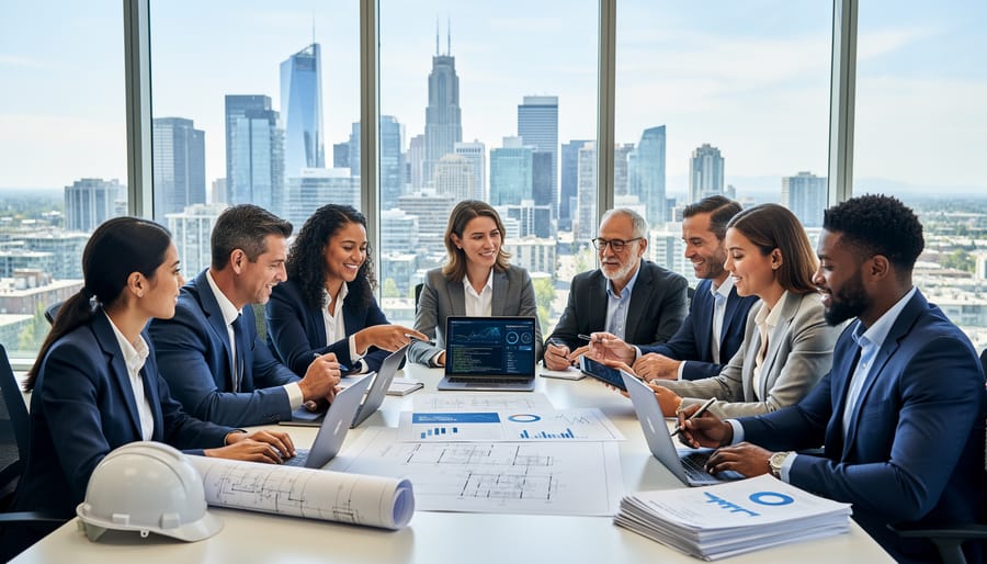 Diverse business professionals collaborating in modern Calgary office setting