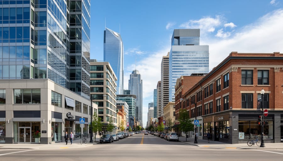Aerial view of Calgary downtown skyline showing modern office towers and commercial buildings