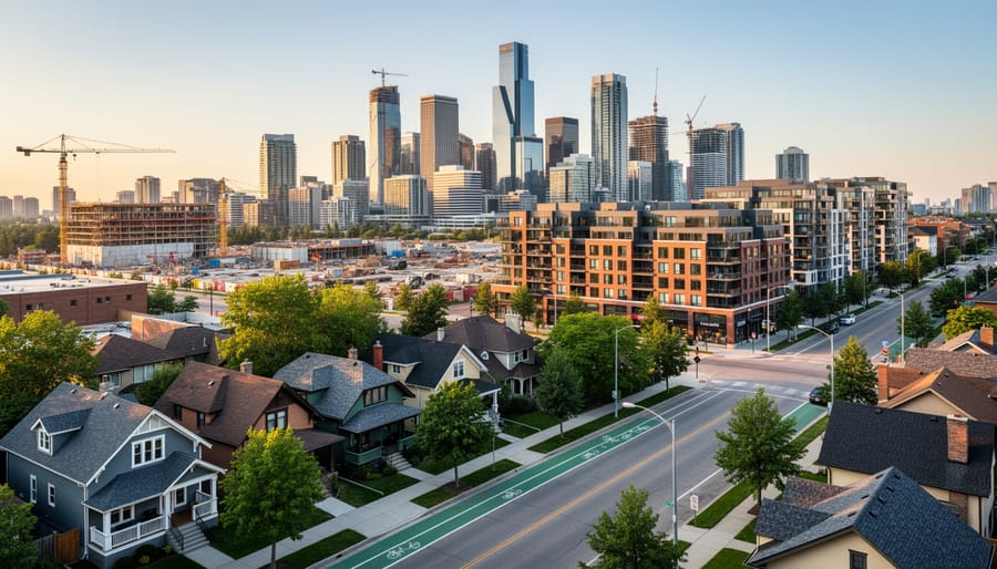 Aerial view of Calgary skyline with residential neighborhoods in foreground