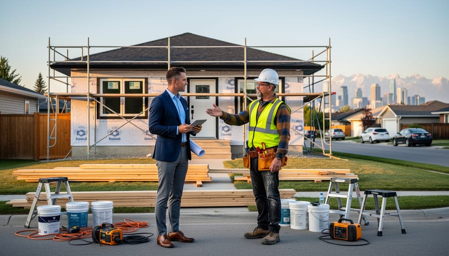 Investor and contractor reviewing renovation plans outside a modest Calgary bungalow with scaffolding and new window frames, lit by golden-hour sunlight, with a quiet residential street, softened Calgary skyline, and distant Rocky Mountains in the background.