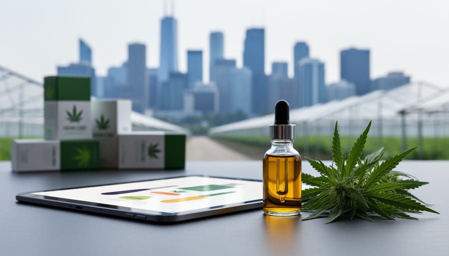 Investor desk scene with amber CBD oil vial and fresh hemp leaves, set against a softly blurred Calgary skyline and industry background.