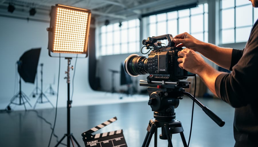 Camera and lighting equipment on a media production set with crew adjusting a lens in Calgary, shown with a cinematic, commercial filmmaking atmosphere.