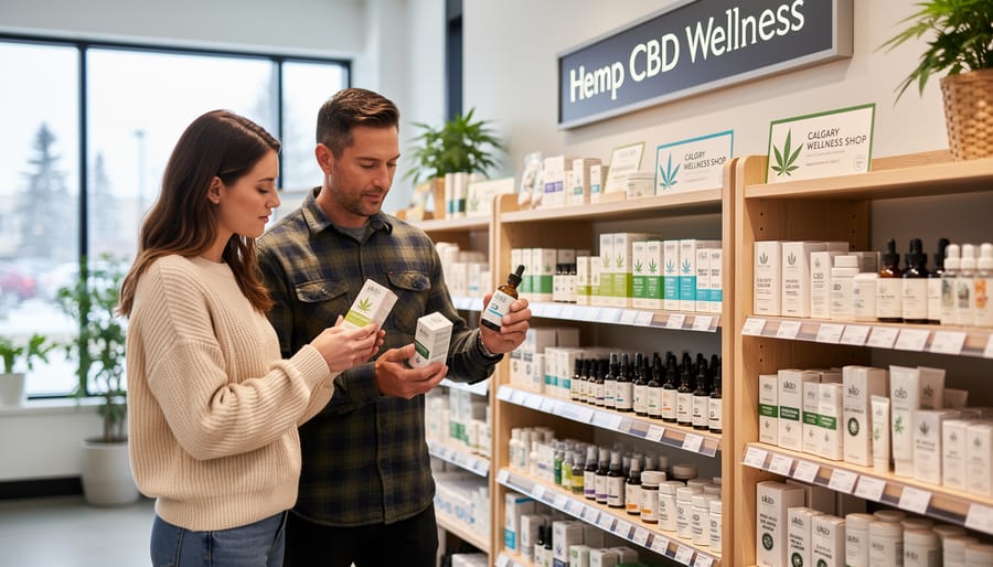 CBD wellness products displayed on a retail shelf while a customer talks with a store associate