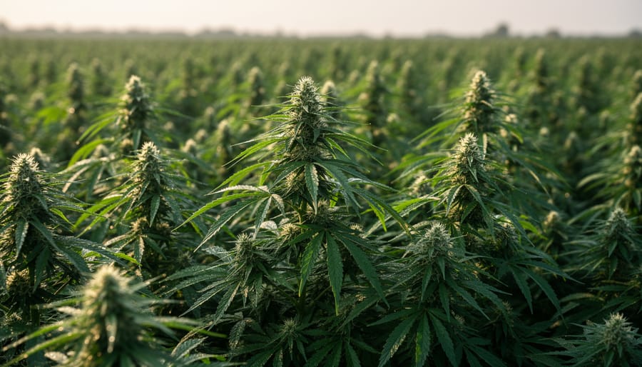Close-up of healthy hemp plants with green leaves and visible buds growing in an outdoor agricultural setting