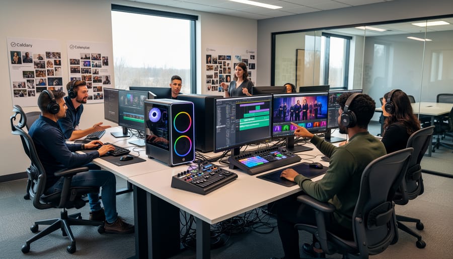Creators working in a post-production editing bay with large monitors showing video playback