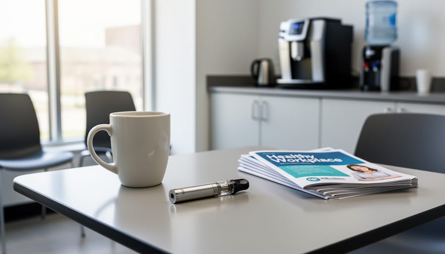 Discarded disposable vape device and vaping accessories placed in a lidded container in a modern office break area