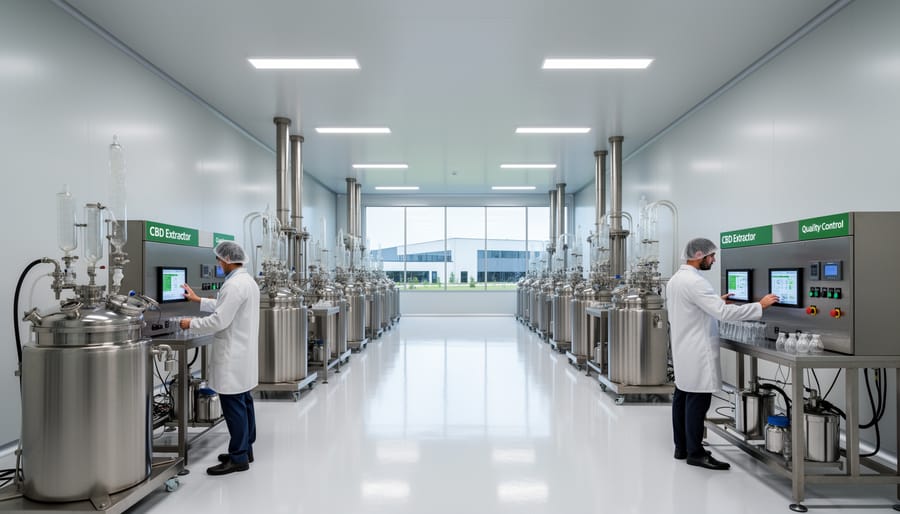 Technician in a CBD processing facility working near stainless steel tanks and glass bottles of botanical extract