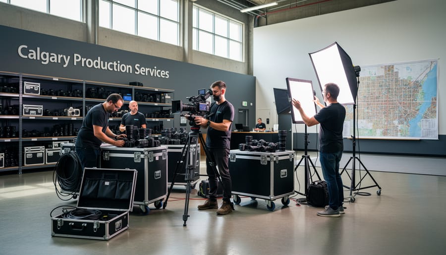 Video production crew setting up a camera on a tripod with studio lights in a Calgary commercial shoot