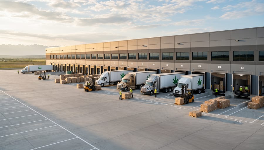 Wide view of industrial warehouse and logistics corridor with trucks and containers near loading bays