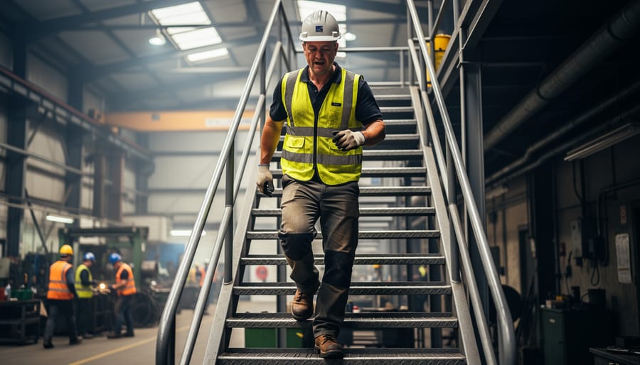 Worker in a hi-vis vest stepping on a stairwell landing in an industrial-looking building