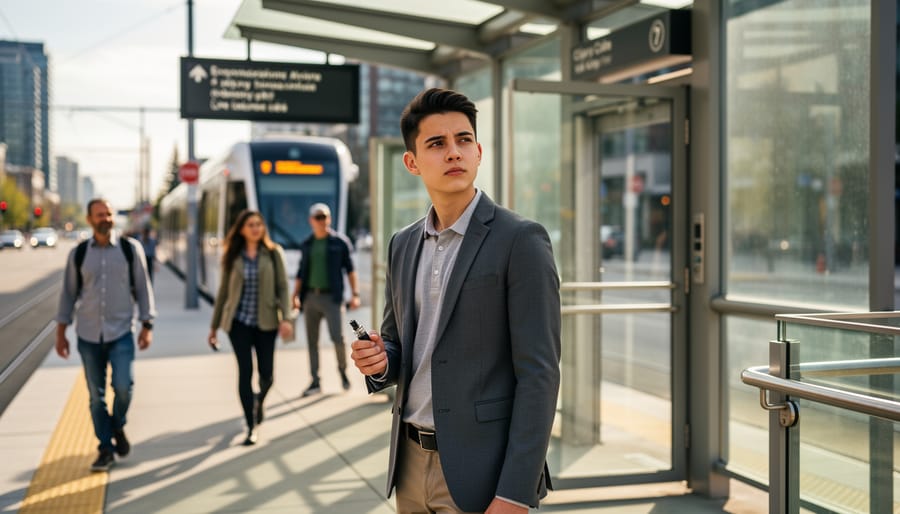Young adult holding a vaping device near a public transit platform bench with commuters blurred in the background