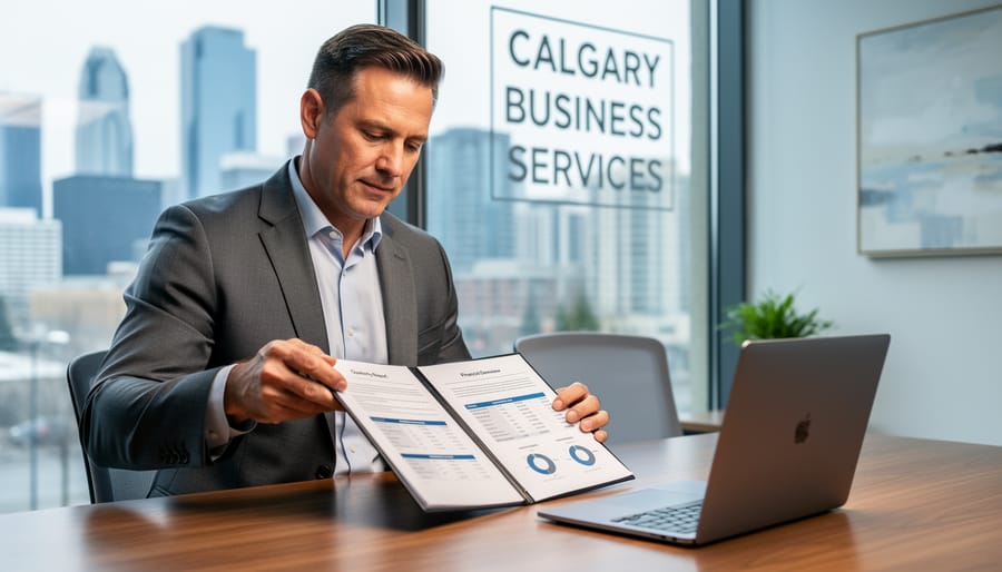 A Calgary business owner reviews financial documents on an office desk next to a laptop, with a blurred view of the city through a window.