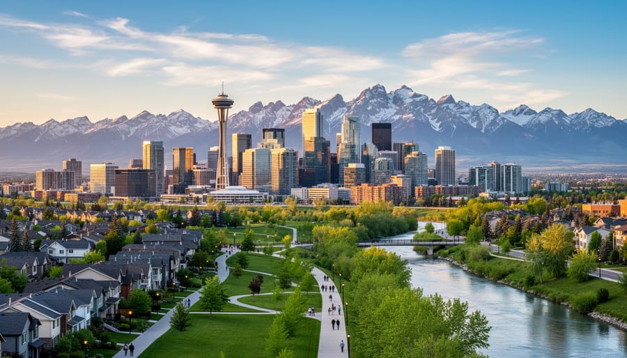 Panoramic view of Calgary skyline with faint Rocky Mountains in the distance.