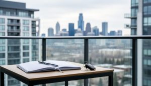 Keys and a budgeting notebook on a balcony table with a distant Calgary skyline in soft focus behind.