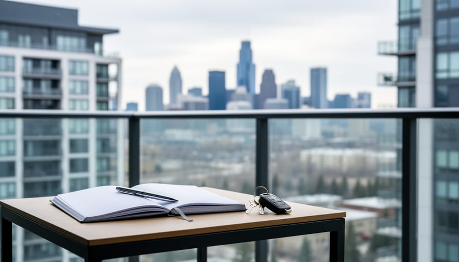 Keys and a budgeting notebook on a balcony table with a distant Calgary skyline in soft focus behind.