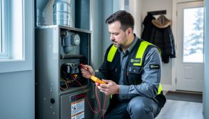 Technician kneeling by an open gas furnace panel, using a multimeter to inspect heating system components in a Calgary home.