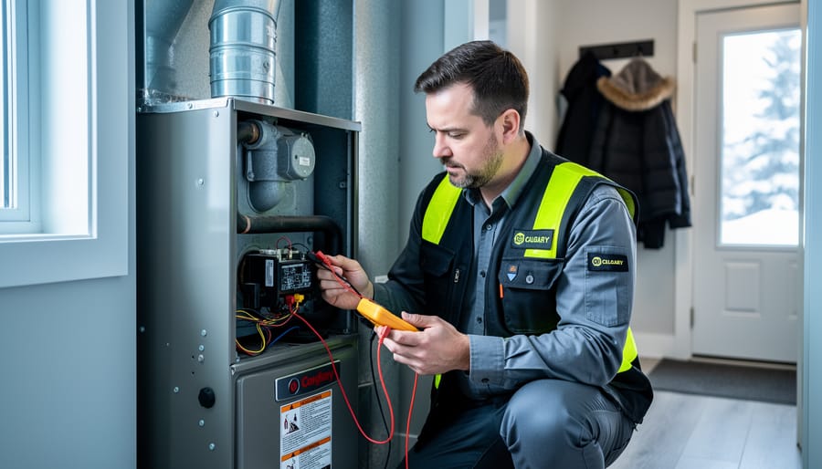 Technician kneeling by an open gas furnace panel, using a multimeter to inspect heating system components in a Calgary home.