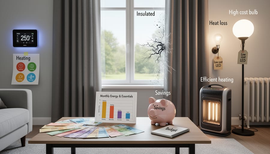 Calm living room interior in Calgary with a visible thermostat and everyday furnishings.