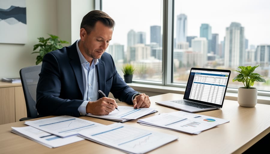 Calgary business owner reviewing financial documents in an office before preparing a business for sale