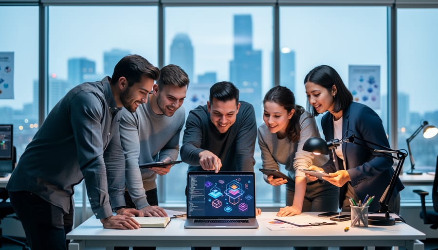 Diverse group of recent graduates collaborating with laptops in a modern office, with a soft Calgary skyline visible through the window.