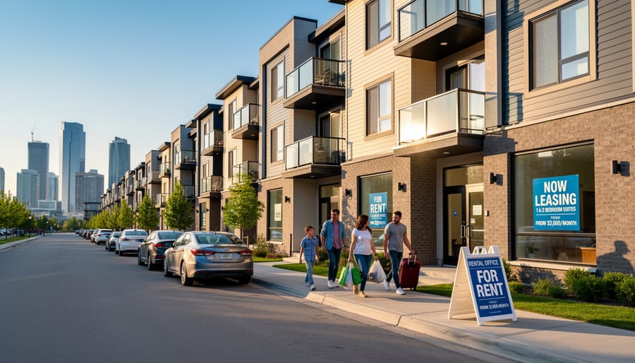 Street-level view of a Calgary apartment building with residents walking near the entrance.