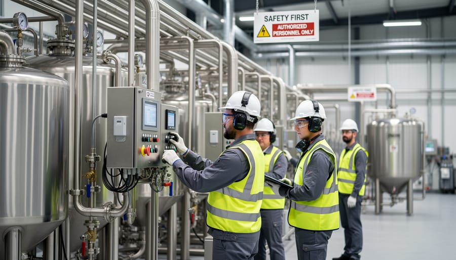 Workers in protective gear observe equipment in a stainless-steel food processing facility.