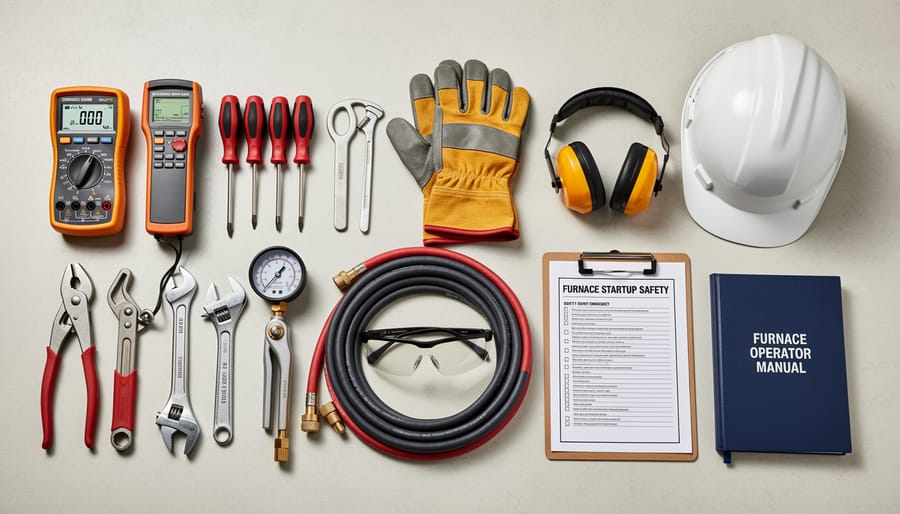 HVAC diagnostic tools and safety gear arranged on a workshop table