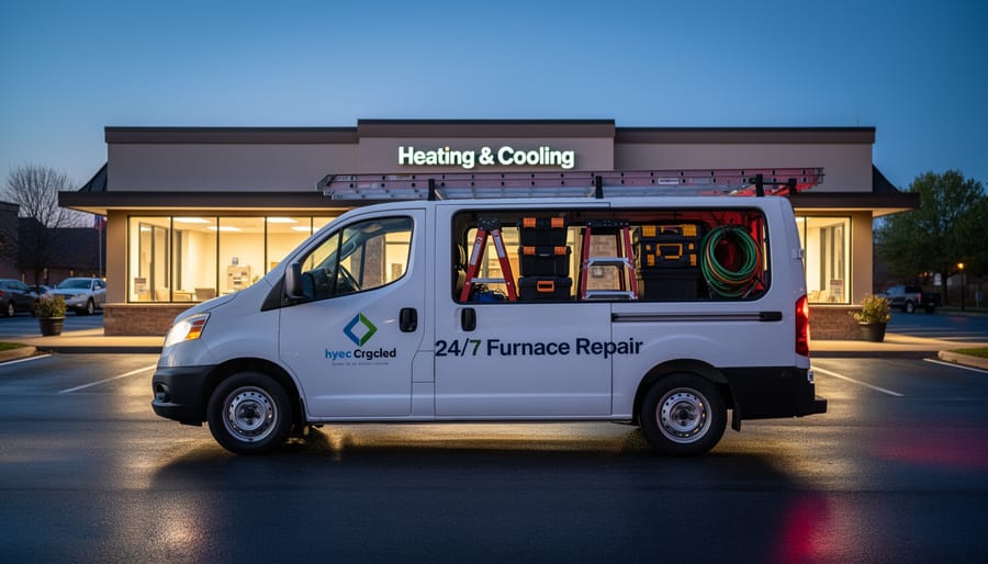 HVAC service van with open rear storage showing furnace parts and service equipment in a residential driveway