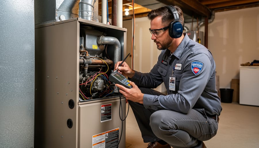HVAC technician using a combustion analyzer at a residential gas furnace with the access panel open
