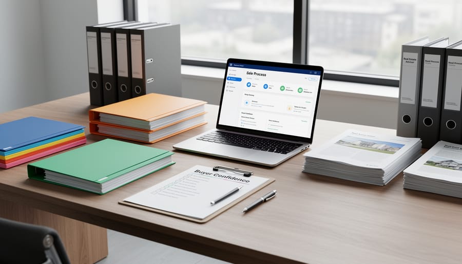 Hands organizing business sale preparation folders and checklist beside a laptop