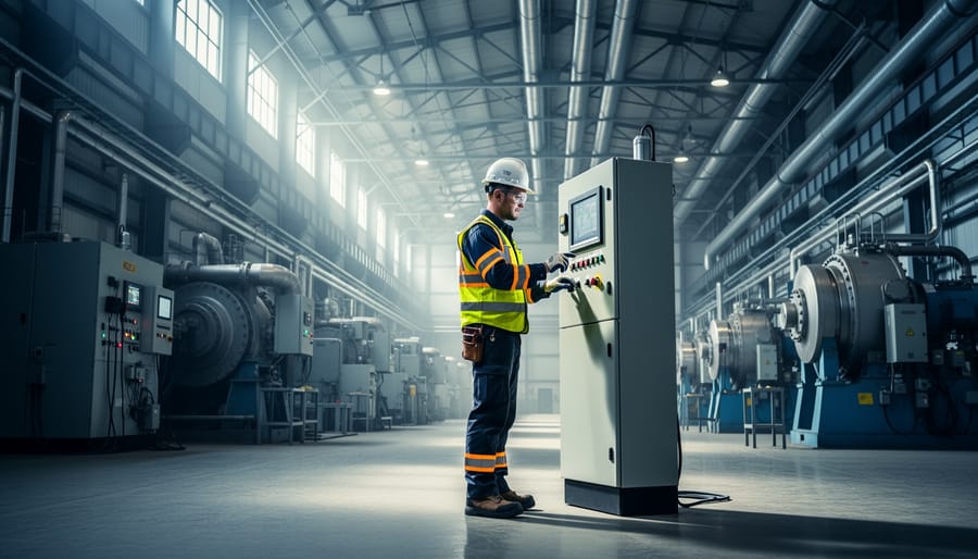 A certified plant operator in hard hat and high-visibility jacket stands on an industrial refinery walkway.