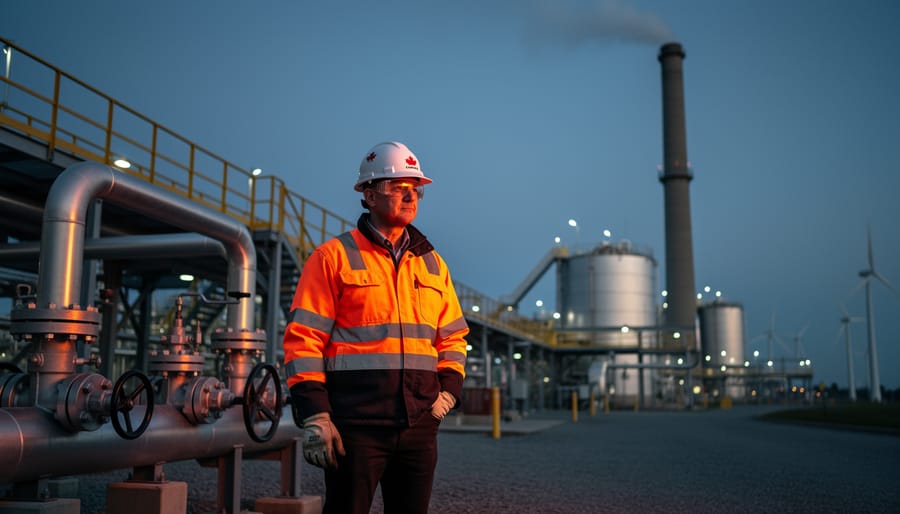A high-visibility plant operator in a hard hat stands beside industrial pipework and a smokestack near blurred wind turbines at dusk.