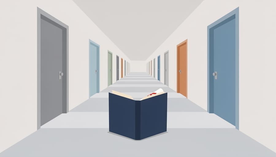 Young adult holding a graduation folder facing an open hallway with multiple doorway perspectives
