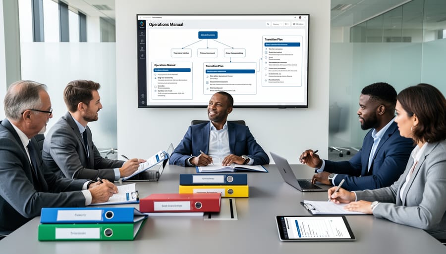 Business team discussing operations handoff around a table with notebooks and documents